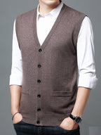 Autumn Winter Men'S Knit Cardigan Vest Men'S Casual Solid Color Pocketed Knit Vest Men'S V-Neck Open Front Sleeveless Sweater - Coffee Brown
