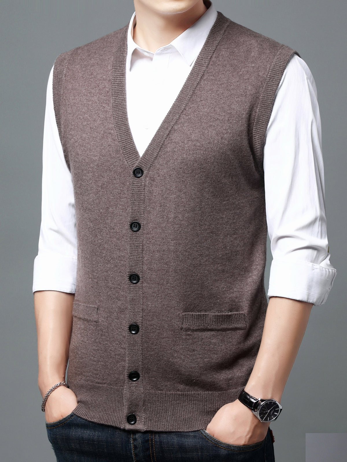 Autumn Winter Men'S Knit Cardigan Vest Men'S Casual Solid Color Pocketed Knit Vest Men'S V-Neck Open Front Sleeveless Sweater - Coffee Brown