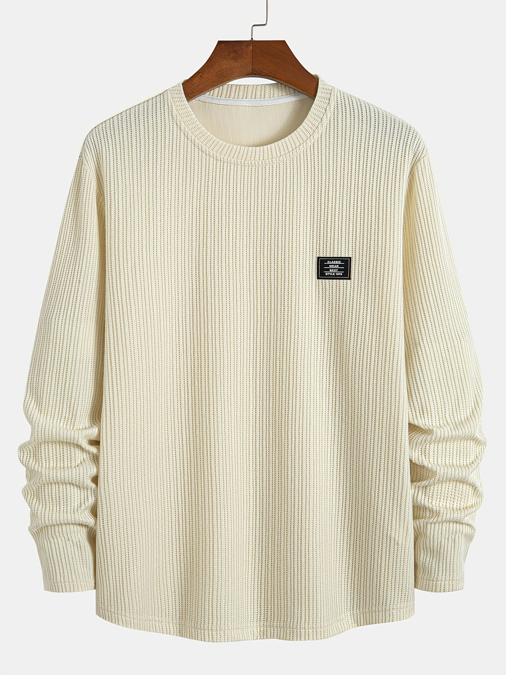 Men'S Fashion Classic Solid Color Elastic Knitted Textured Geometric Sweater, Skin-Friendly Material, Round Neck Label Design, Long-Sleeved Knit Shirt, Suitable for Daily Casual Fashion, Versatile, Easy, Going Out, Commuting, Street Style - Apricot