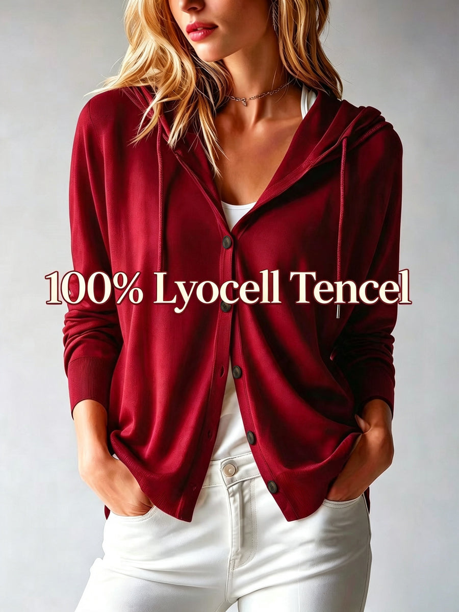 Lyocell Tencel Women'S Sweater Cardigan Hooded Cardigan Women'S Spring Autumn Winter Style Long Sleeve Button Loose Coat, Western Style Casual Temperament Top, Drawstring Hood Design, Daily Commute Outing Versatile Outerwear Elegant - Burgundy