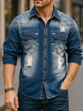 025 Autumn Men's Long-Sleeve Denim Shirt, Fashionable Golden Yellow Distressed Vintage Style, Regular Fit, Dual Pockets, Versatile for Layering or Wearing Alone, Cotton Material, Trendy Design, Suitable for Casual Outings, New Lapel-Collar Top - Sea Blue