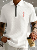 Men'S Summer Fashion Breathable Polo Shirt Short Sleeve, Easy Style, 3D Jacquard Texture Fabric, Vertical Texture Very Good, Zipper Collar Design, Easy Style Small Print Pattern And Zipper Details - White