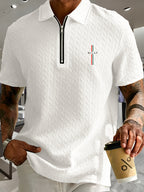 Men'S Summer Fashion Breathable Polo Shirt Short Sleeve, Easy Style, 3D Jacquard Texture Fabric, Vertical Texture Very Good, Zipper Collar Design, Easy Style Small Print Pattern And Zipper Details - White