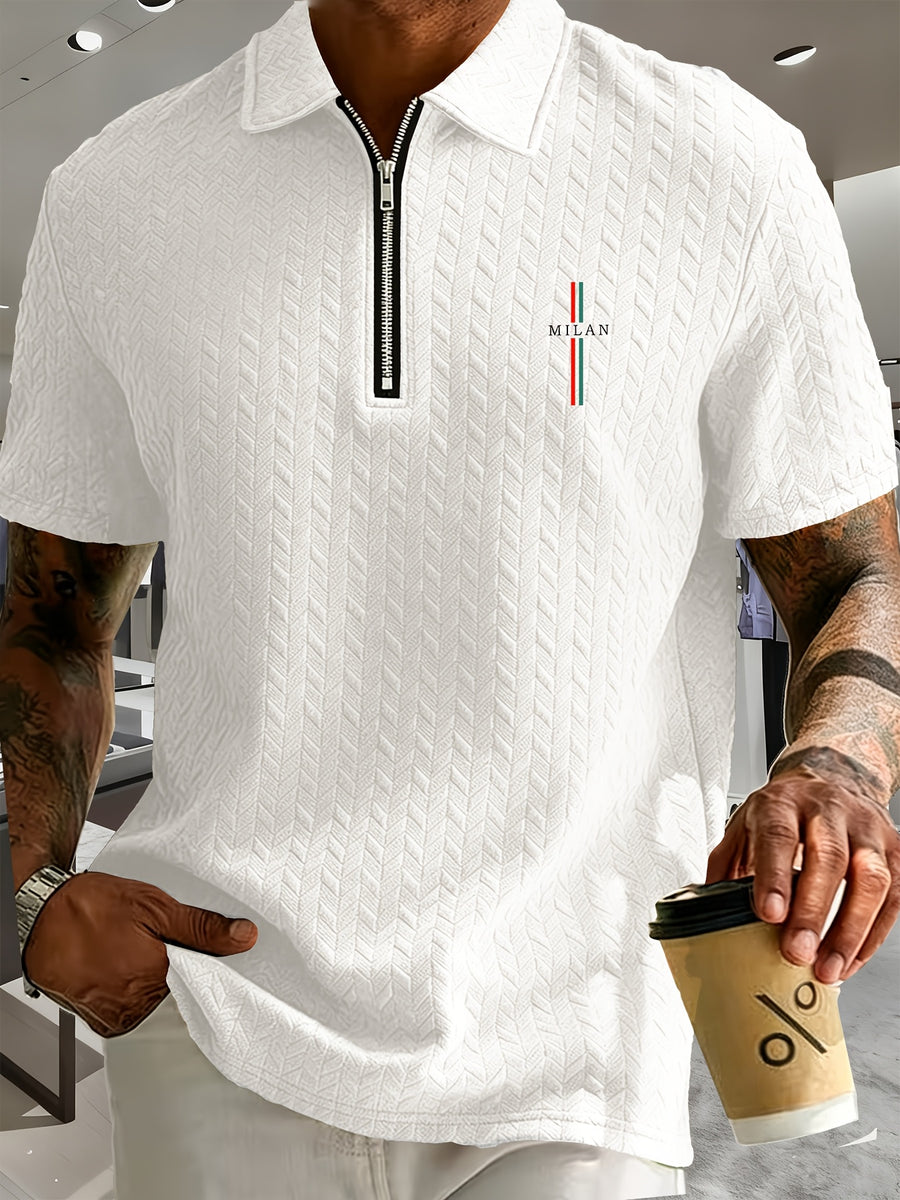 Men'S Summer Fashion Breathable Polo Shirt Short Sleeve, Easy Style, 3D Jacquard Texture Fabric, Vertical Texture Very Good, Zipper Collar Design, Easy Style Small Print Pattern And Zipper Details - White