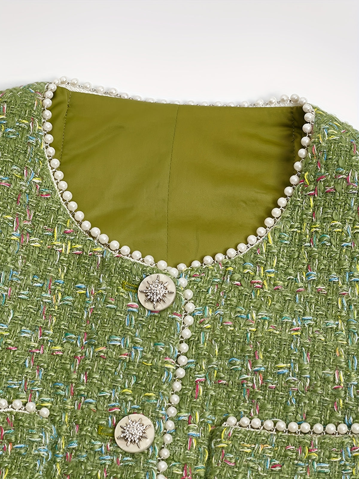 Green Coat Fashion Jacket Top for Women, Elegant Socialite Temperament, Autumn/Winter New Short Sleeve Long Sleeve Outerwear with Button-Front Design, Heavy Beading Detail - Green