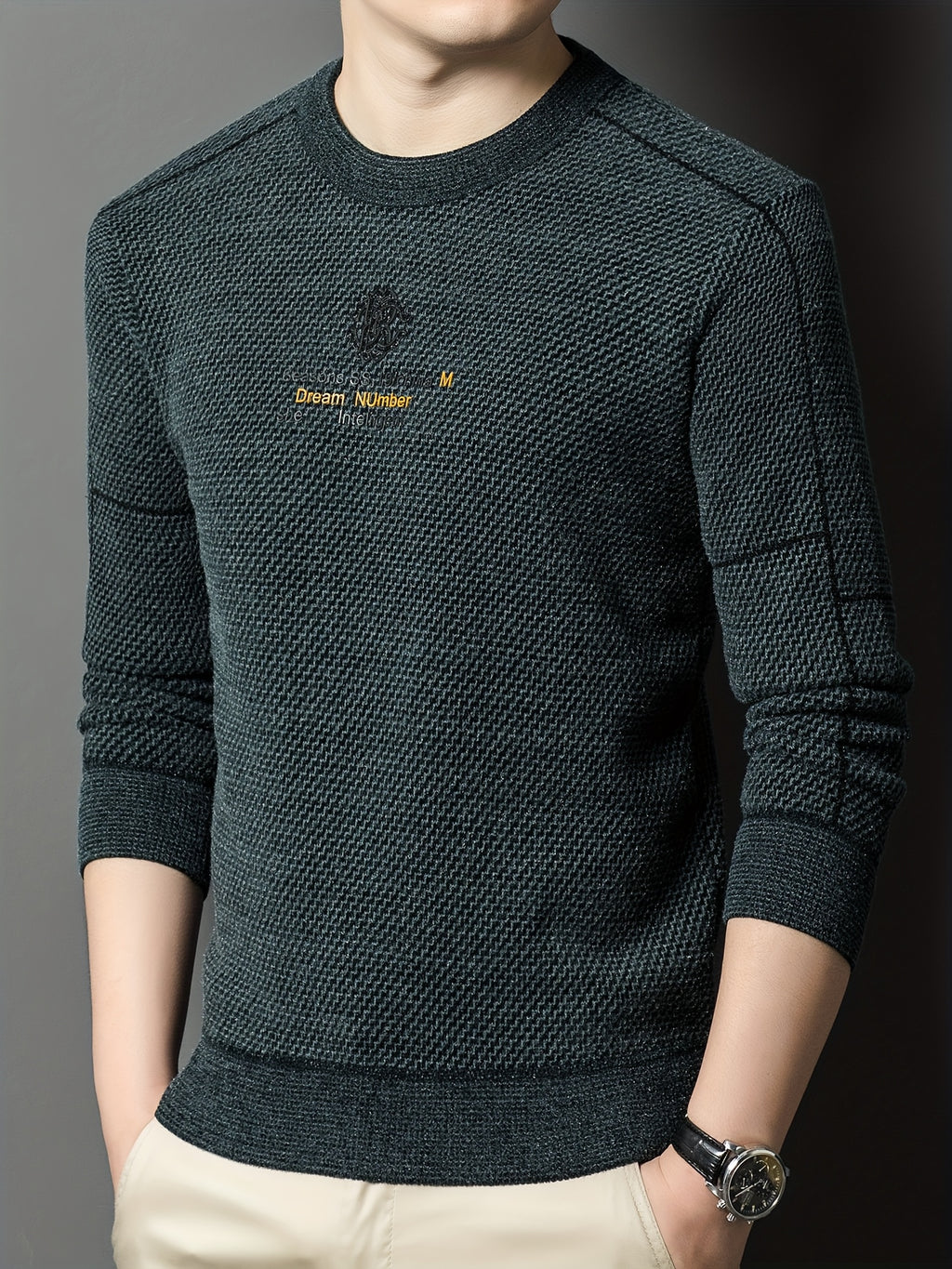 New Winter Men's Sweater, Crew Neck, Thickened and Warm, Men's Winter Clothing, Fashionable, Casual, and Comfortable Pullover Knitwear, Men's Winter -Lined Sweater, Men's Apparel with Letter Chest Logo, Winter Gift for Men - Dark Green