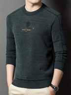 New Winter Men's Sweater, Crew Neck, Thickened and Warm, Men's Winter Clothing, Fashionable, Casual, and Comfortable Pullover Knitwear, Men's Winter -Lined Sweater, Men's Apparel with Letter Chest Logo, Winter Gift for Men - Dark Green