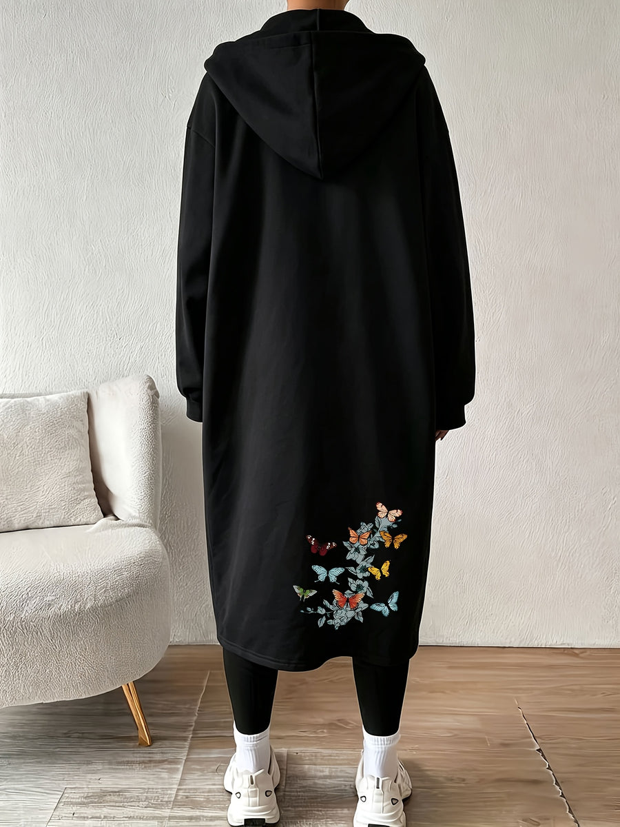 Women's Fashion Color-Block Zip-Up Jacket with Various Butterfly Pattern Prints - Black