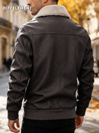Men'S Plush Collar Distressed Flight Jacket, Thickened Warm Lining Vintage Texture Fabric Zipper Pockets Shield Badge Slim Short Style Fall Winter Riding Commute American Casual Windproof Durable Coat - Coffee Color