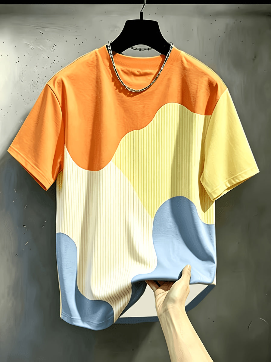 Men'S Casual Round Neck T-Shirt, Geometric Pattern Patchwork Striped Design, Chicago Word Pattern, Drapey Fashion Top, All-Season Wear, Breathable Regular Fit for Casual And Formal Outfits - Round Neck Casual Top, Comfortable Wear - Mixed Color 3