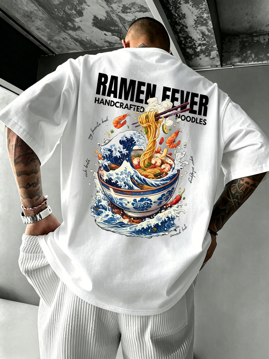Men's 100% Pure Cotton T-Shirt, Ramen Wave Print, Comfortable, Soft, and Breathable, for Spring/Summer Casual Daily Wear - White