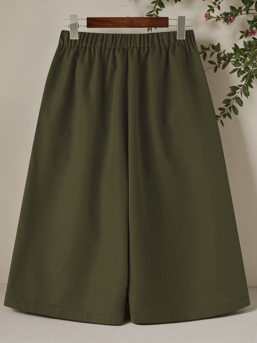 Women's Wide-Leg Capri Pants, New Summer Style with Elastic Waist, Loose Fit for a Look, Casual Skort Pants - Military green1