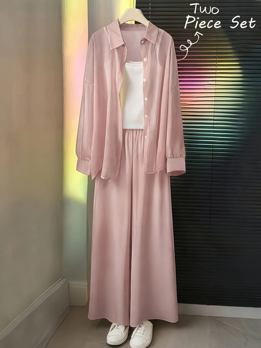 AK260514094 Women's Fashion Commuter Lapel Button- Long Sleeve Shirt and Elastic Waistband Patch Pocket Wide-Leg Long Pants 2pcs Set - pink