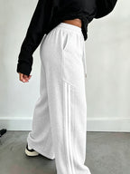 Halloween Autumn/Winter 2027NEW Women's Drawstring Waist Pocket Patchwork Casual Sweatpants, Ladies' Spring Autumn Casual Drawstring, Pockets, Side Stripe Natural Straight Leg Long Loose Pants, Casual Daily Wear, Back to - Grey