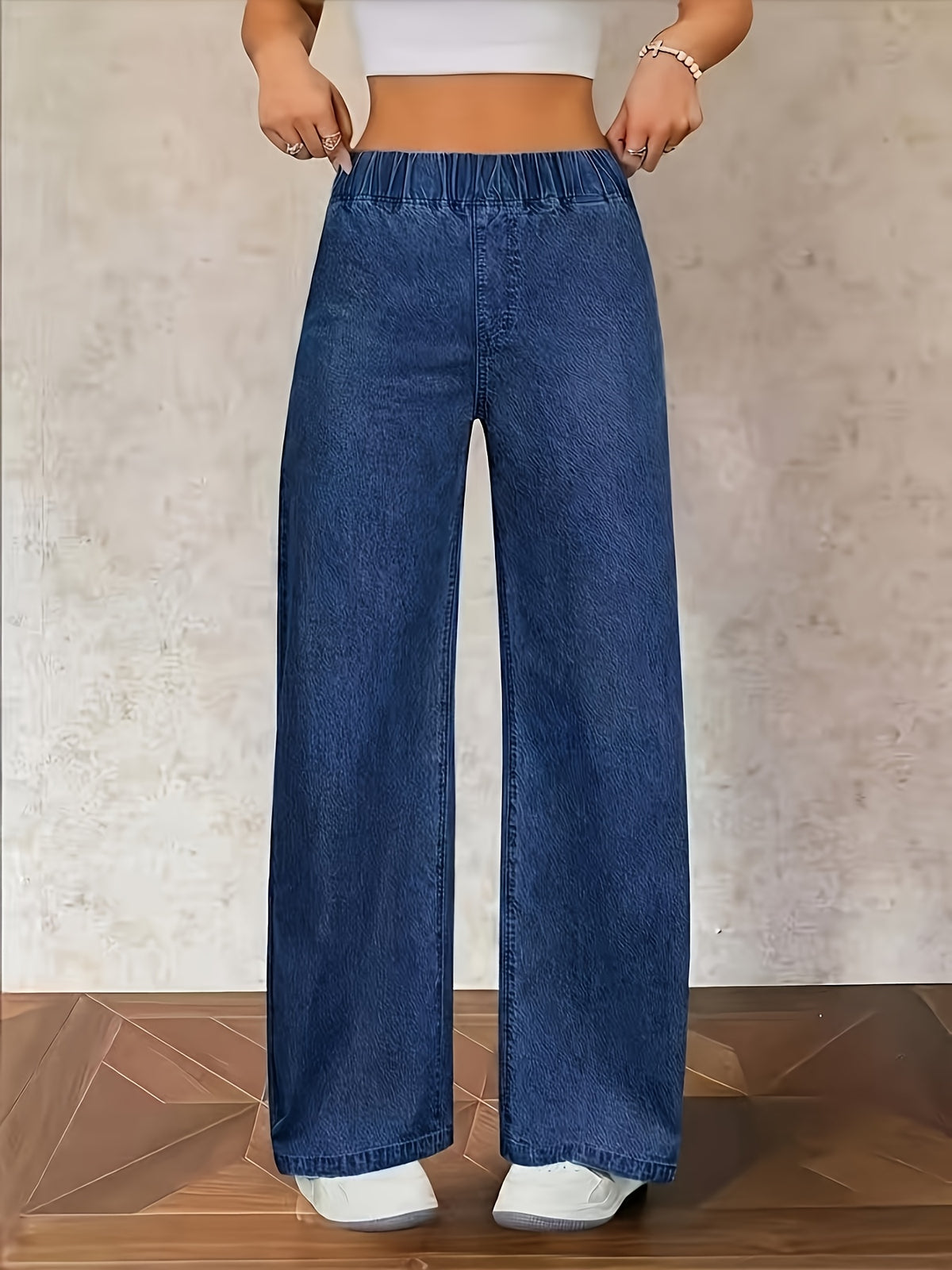 Women'S Washed Casual High-Waist Stretch Elastic Waist Top Blue Jeans And Clothing, Plus Size Women'S Jeans Long Pants All-Match Elegant Wide-Leg Cow Jean Plus Size Women'S Jeans Long Pants - Medium Blue