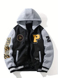 Men's Autumn and Winter New Letter Embroidery Color Block Design Outdoor Home Hooded Jacket - Black