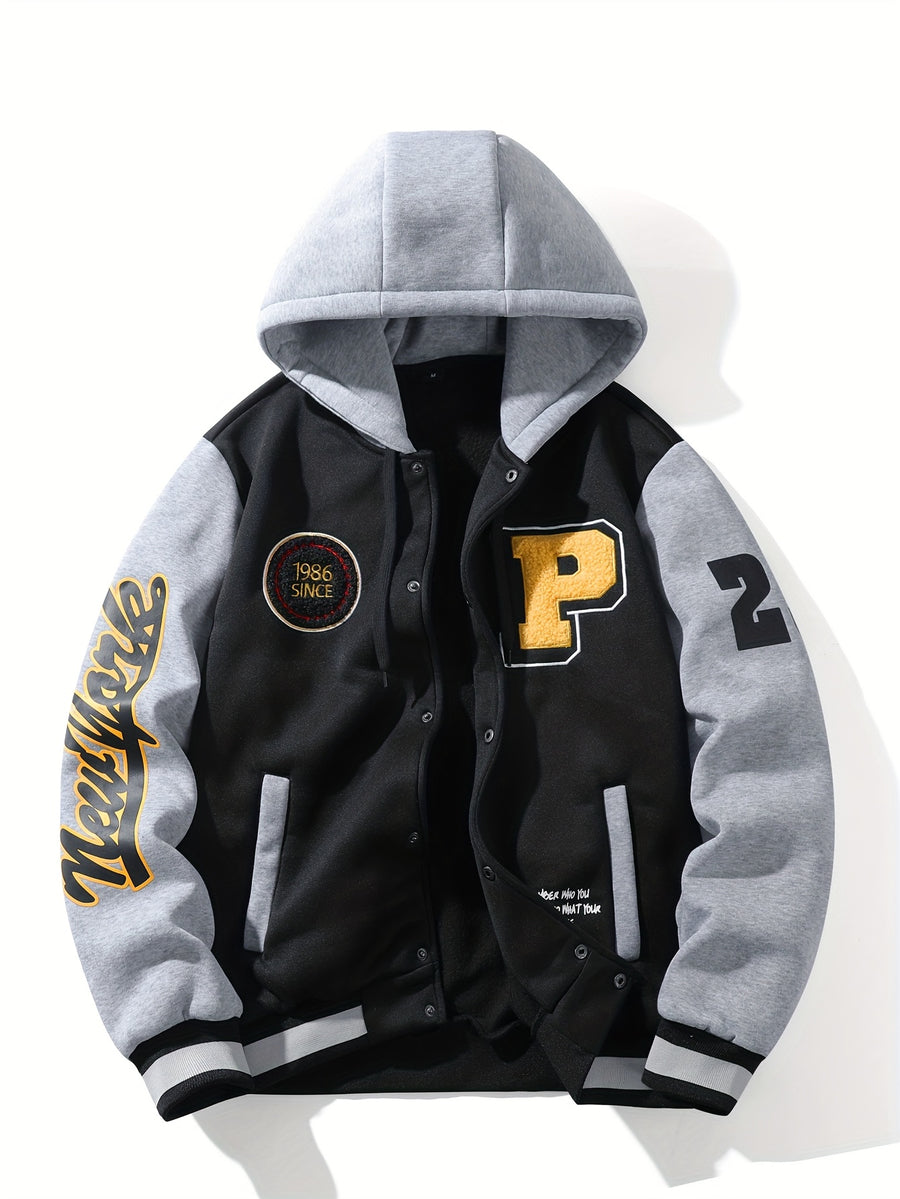 Men's Autumn and Winter New Letter Embroidery Color Block Design Outdoor Home Hooded Jacket - Black