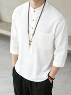 Pullover Three-Quarter Sleeve Shirt Men'S Summer Chinese Style Casual Stand-Up Collar Solid Color T-Shirt Short Sleeve Loose Shirt - 10225-7788 White