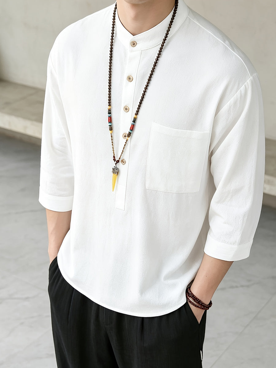 Pullover Three-Quarter Sleeve Shirt Men'S Summer Chinese Style Casual Stand-Up Collar Solid Color T-Shirt Short Sleeve Loose Shirt - 10225-7788 White