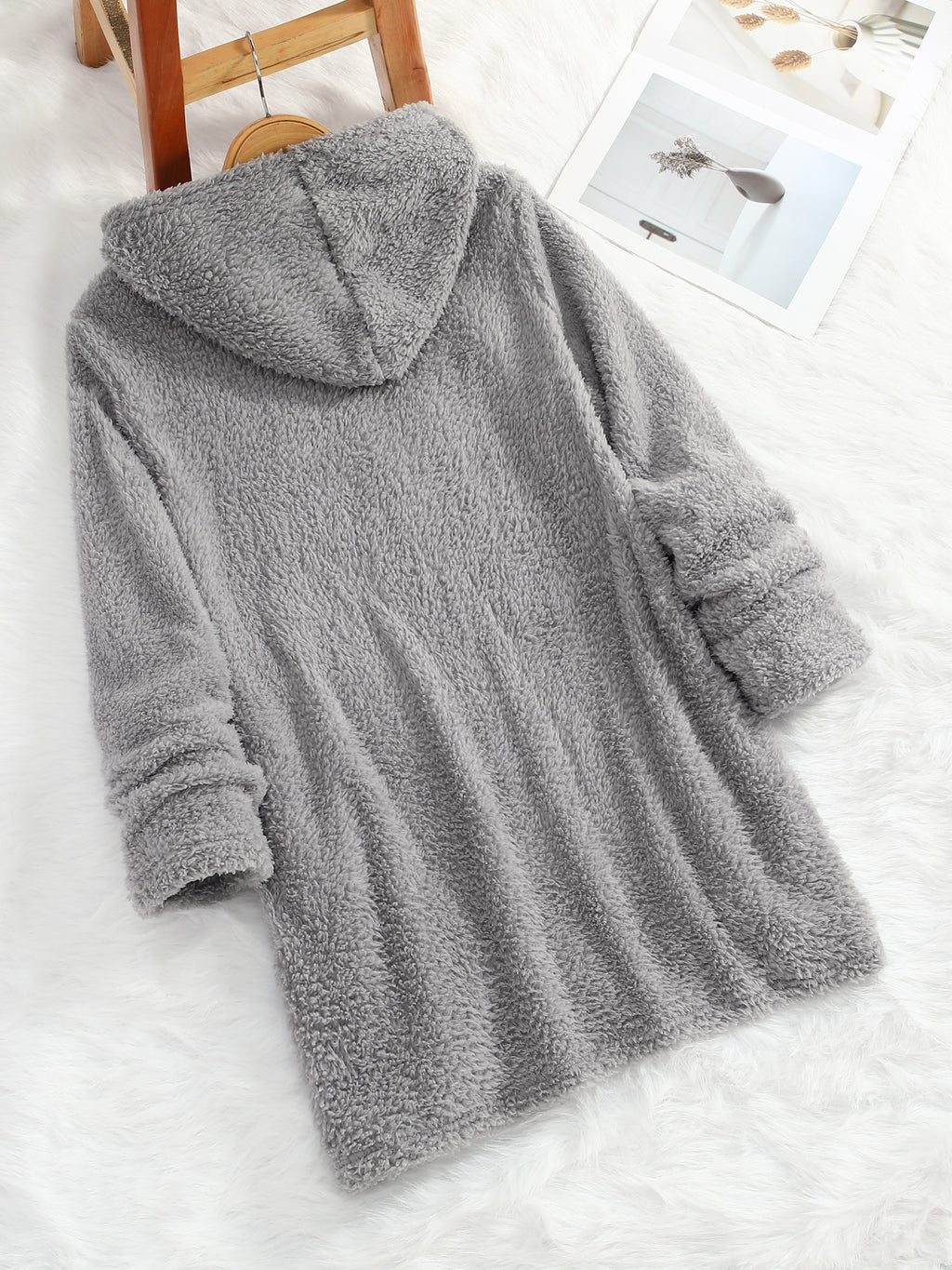Women's "Yes I'm Cold" Printed Teddy Bear Hooded Sweatshirt - 100% Polyester Relaxed Fit Long Sleeve Pullover with Double Pockets, Cozy Fleece-Lined Casual Winter Top for Fall & Winter - Grey