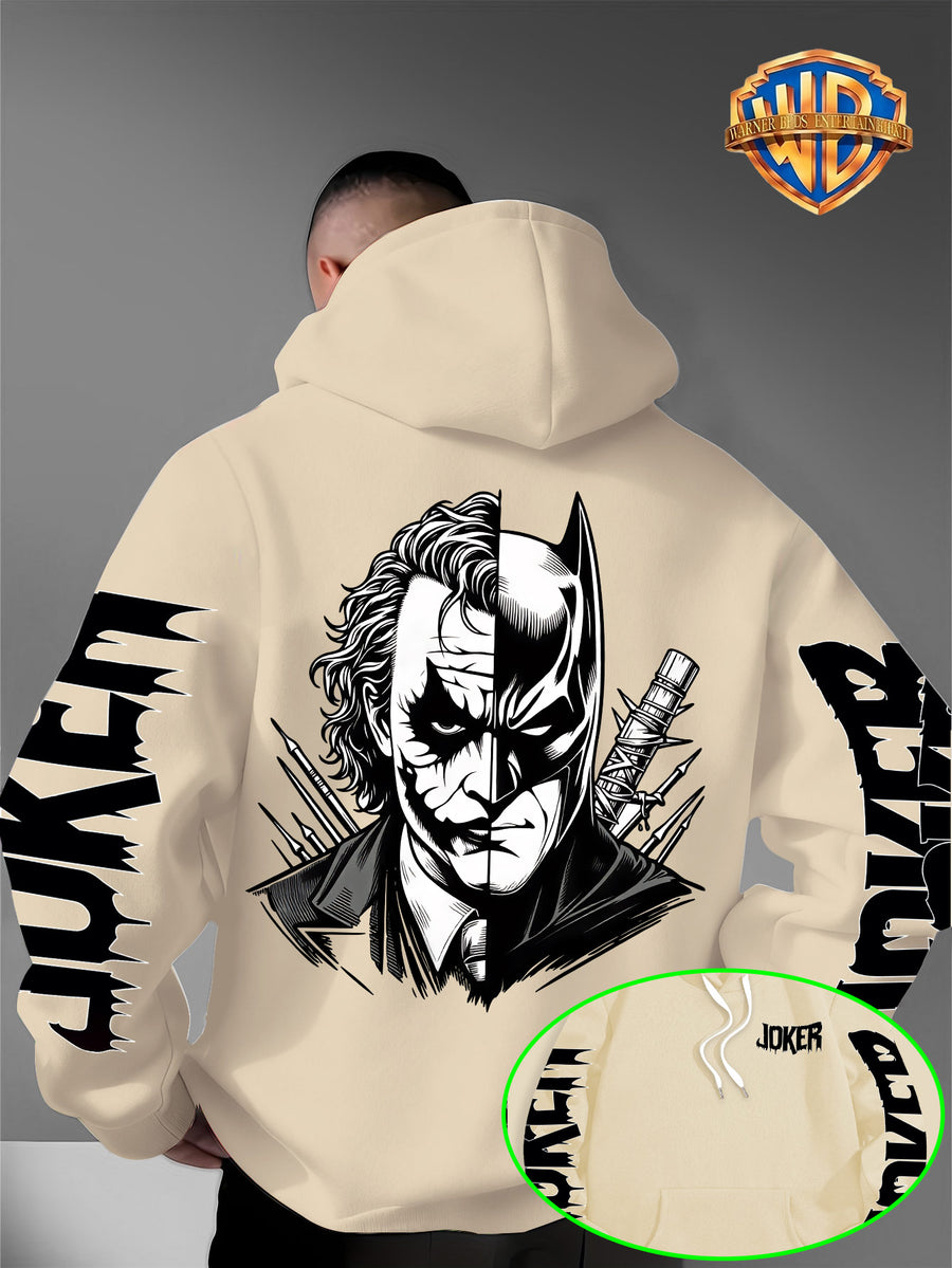 Men'S Warner DC Comics Enthusiast Autumn Winter Hooded Sweatshirt, Batman Joker Half-And-Half Black White Sketch Double-Sided Print Loose Casual Hoodie, Suitable for Superhero Fans, Campus Daily Outings, Casual Shopping - Off-white