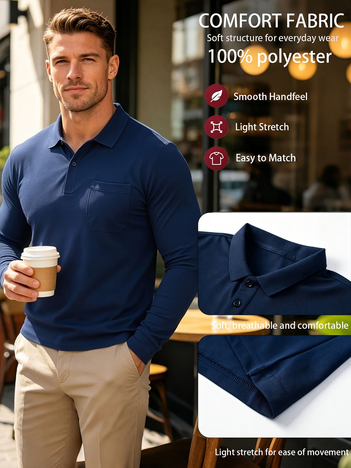 2pcs Men'S Long Sleeve Polo Shirt with Chest Pocket Design, Soft, Smooth, Wrinkle-Resistant And Casual Button Neck T-Shirt, Suitable for Spring And Autumn Wear, Lightweight Daily Commuting, Outdoor Sports, Business Basic Clothing - Navy Blue+White
