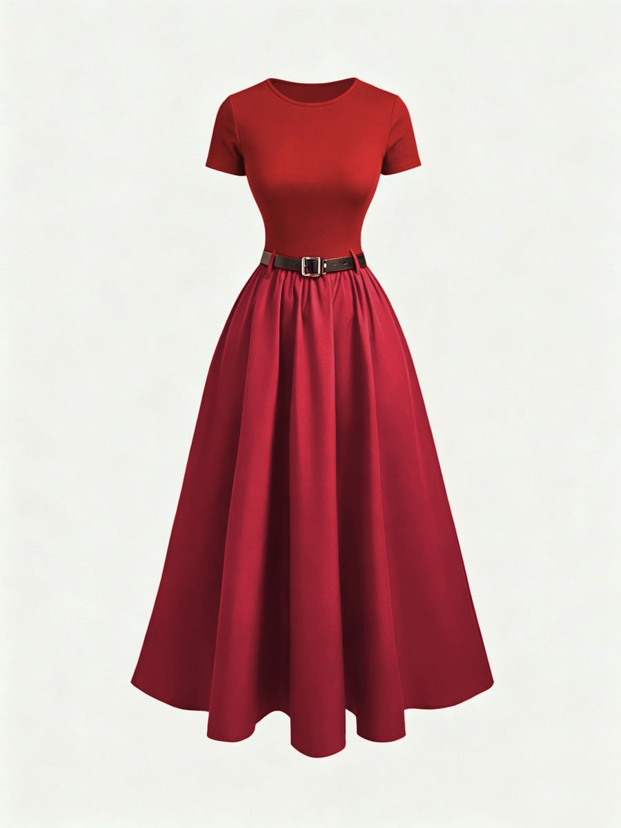 Round Neck Short Sleeve Dress with Belt, Temperament And Beauty, Women'S Spring Summer New Women'S Clothing, Most Frequently Purchased Women'S Clothing by Koreans, Casual Elegant Women'S Clothing, Hot Styling, Women'S Dress, Summer Clothing, Summer - Red