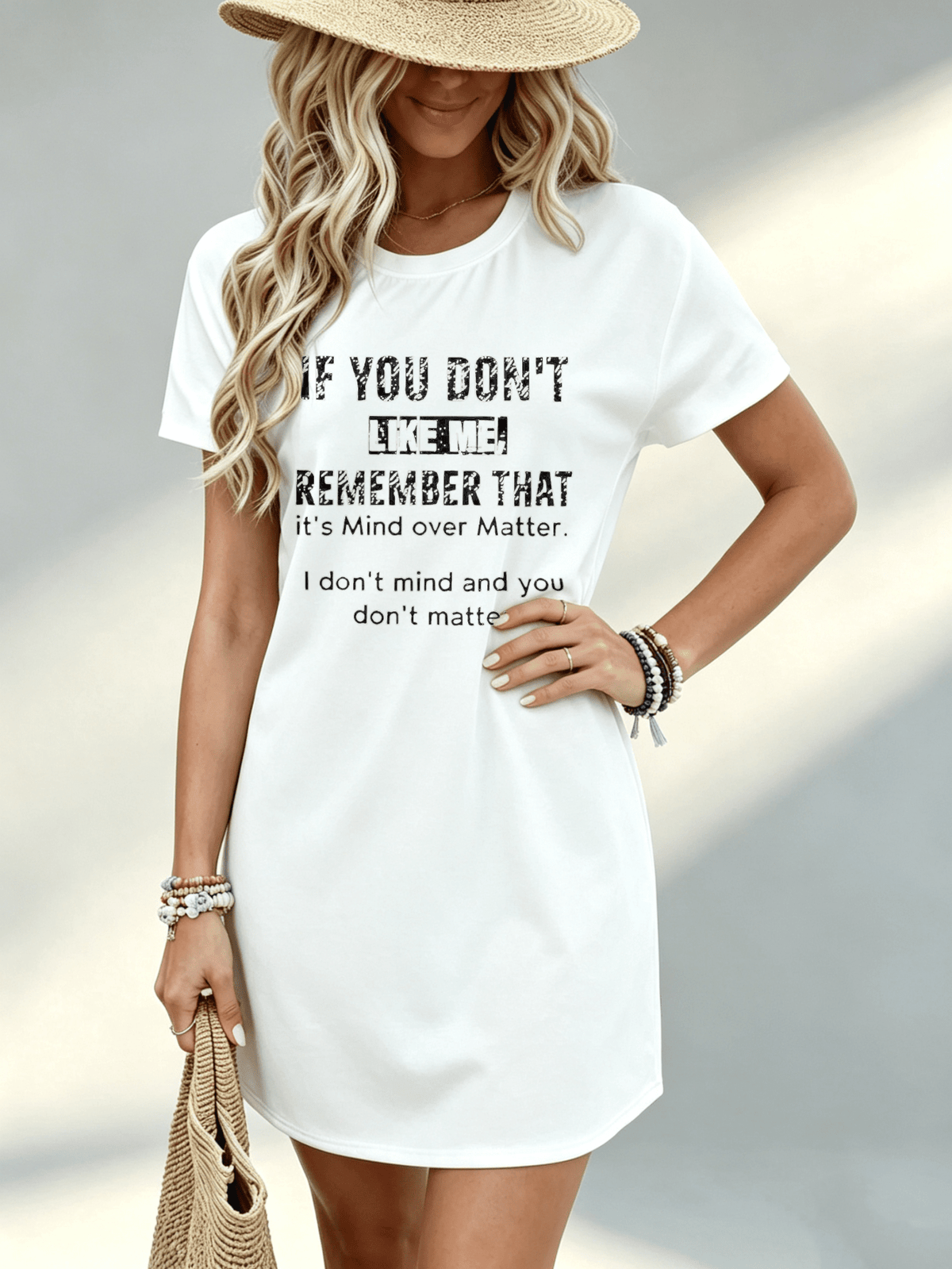 [Printed Design - Not Textured] Casual Women Dress Funny Quote Print Summer Beach Holiday Gift for Friend 100% Polyester - White
