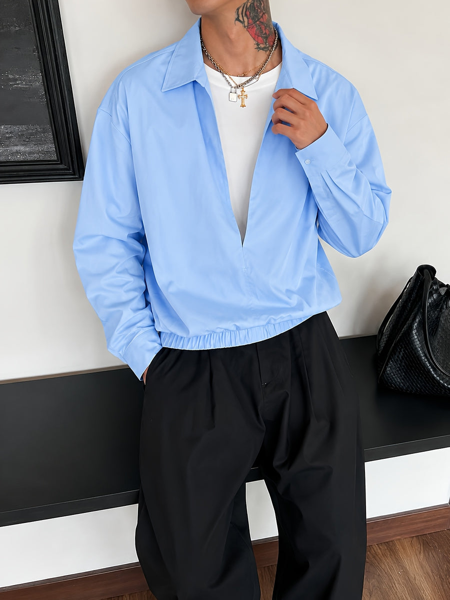 Men'S V-Neck Faux Two-Piece Open Front Long Sleeve Shirt Jacket with Elastic Cinch Hem, Premium Casual Commuter Shirt, Everyday Relaxed All-Match Pullover - Sky Blue