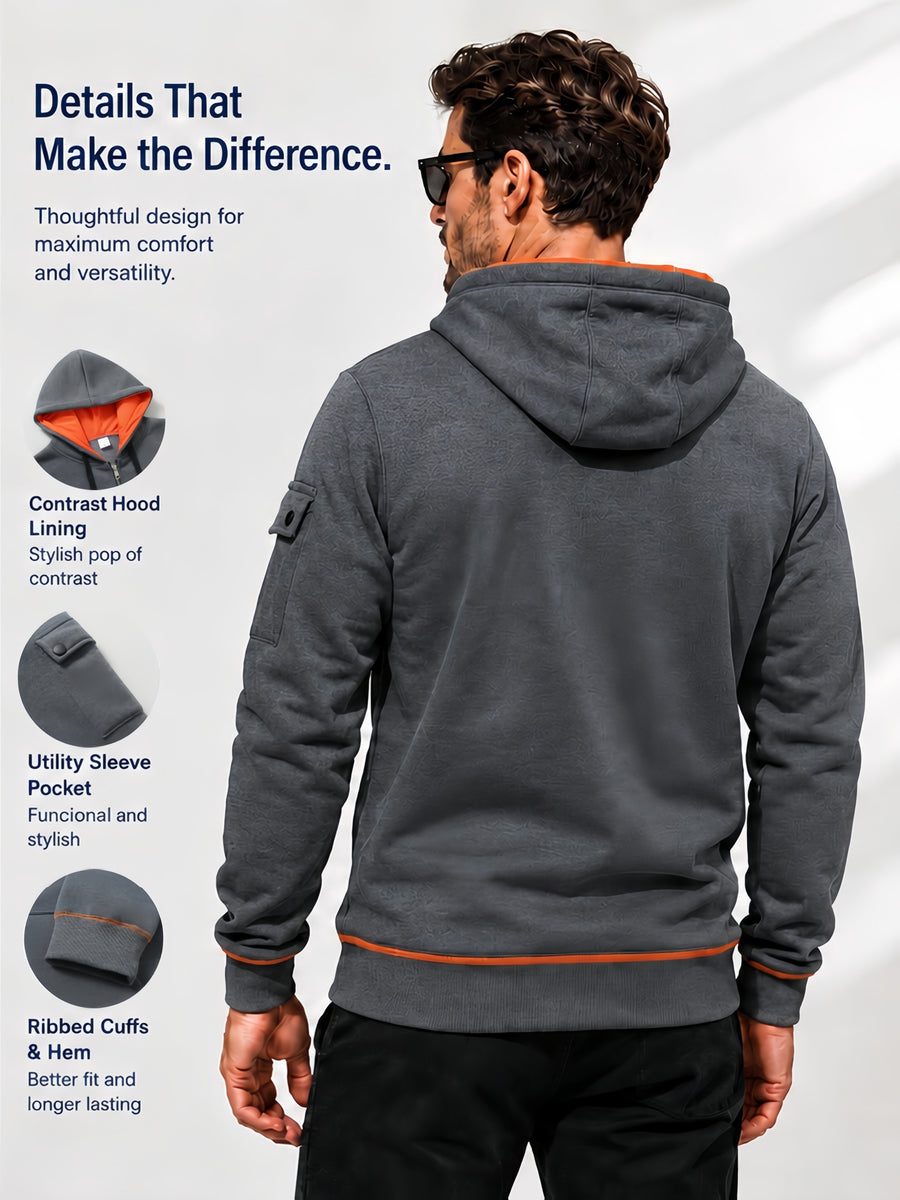 Hoodie, Men'S Fashion Color-Block Zip-Up Hoodie, Multi-Pocket Design Showcasing Individuality, Solid Casual Versatile Hoodie, Autumn/Winter Outerwear - Dark Gray