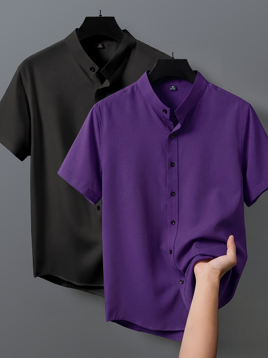 2pcs Men's Short-Sleeve Shirts, Henley/Stand-Up Collar Design, Summer Casual Outerwear - Style4