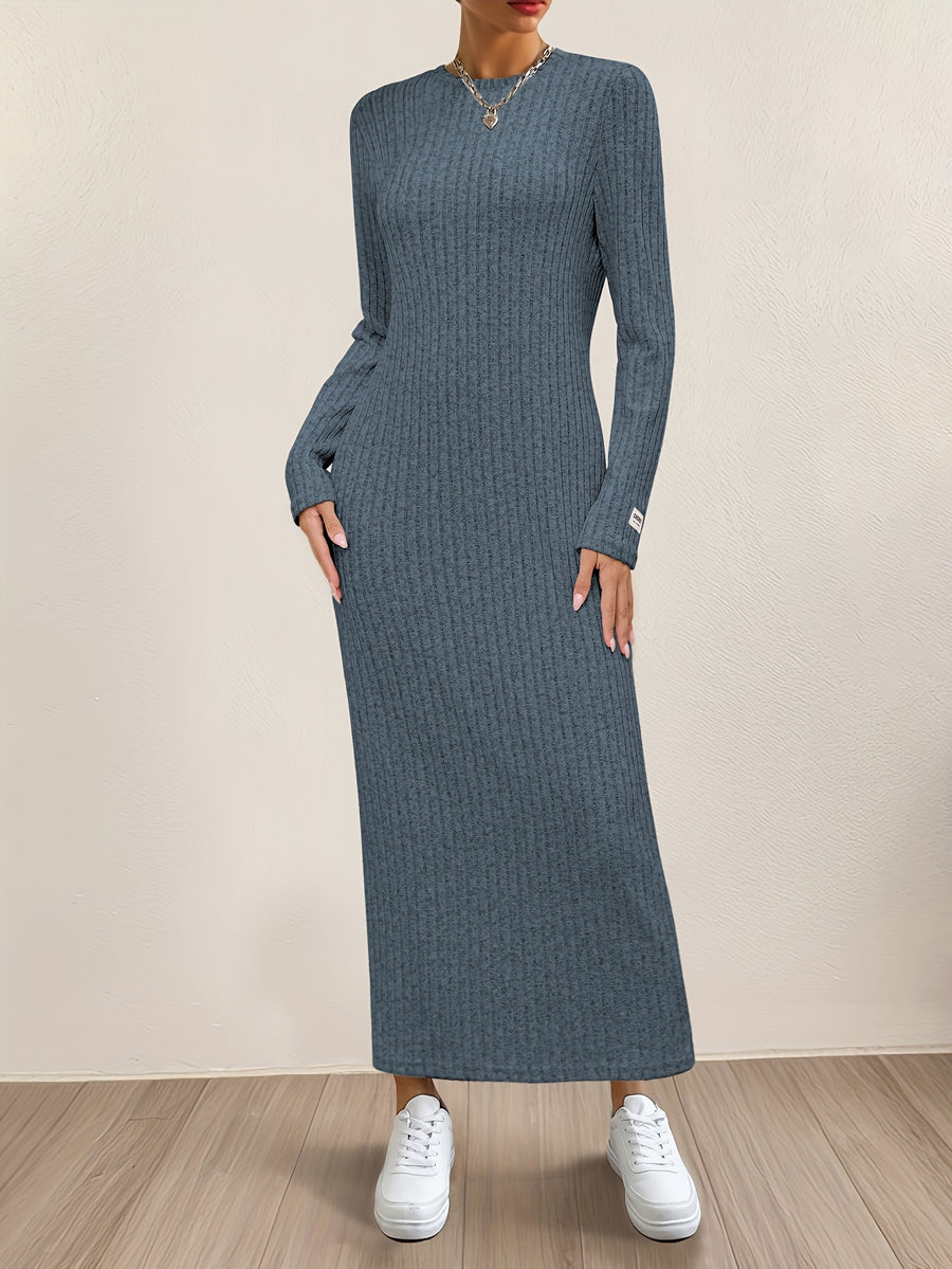 New Women's Round Neck Pullover Long Dress, Suitable for Home Wear, Outerwear, or as a Base Layer, Long Sleeve, Slim Fit, Loose Fit, A-Line, Solid Color, Ribbed, Relaxed Style Long Dress - Sea Blue