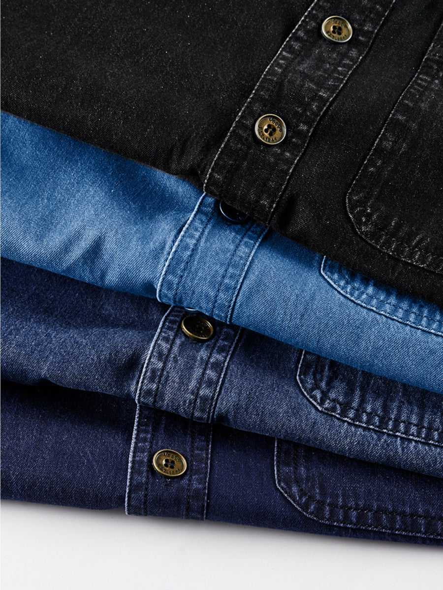 Jeep Men'S Collared Long Sleeve Denim Shirt, Loose Workwear Shirt with Washed Texture And Embroidered Chest Pocket Logo, Wear-Resistant Wrinkle-Resistant Casual Jacket for Camping, Road Trips in Spring And Autumn, Suitable for Outerwear Or Layering - Light Blue