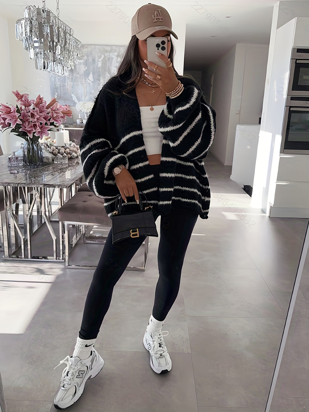 Autumn Winter Loose Lazy Style Soft Muted Contrast Black White Striped Casual Women'S Cardigan Coat - Black