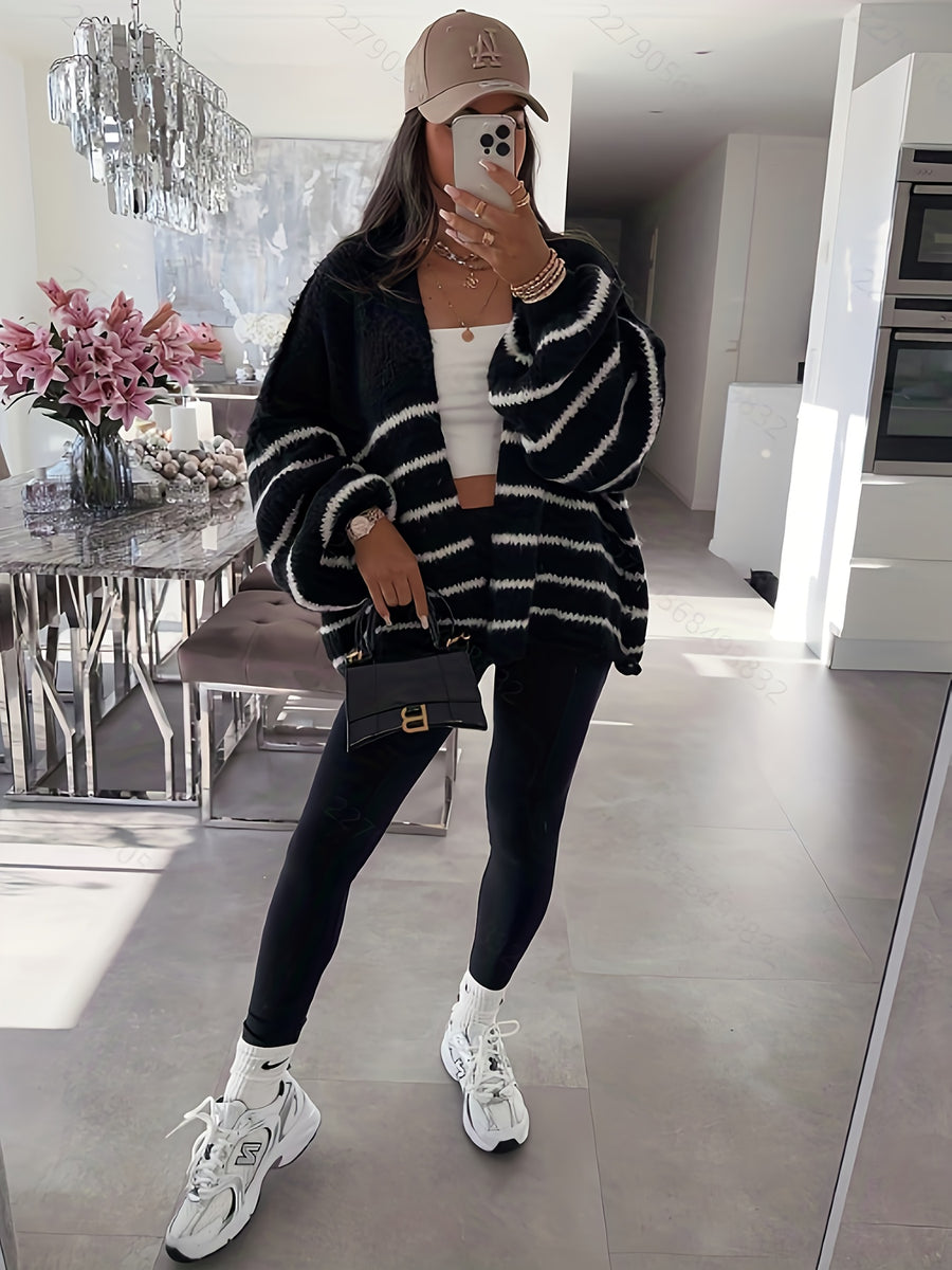 Autumn Winter Loose Lazy Style Soft Muted Contrast Black White Striped Casual Women'S Cardigan Coat - Black