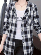 Women's Single-Breasted Plaid Pattern Drawstring Hooded Shirt, Long Sleeve Top - Black And White