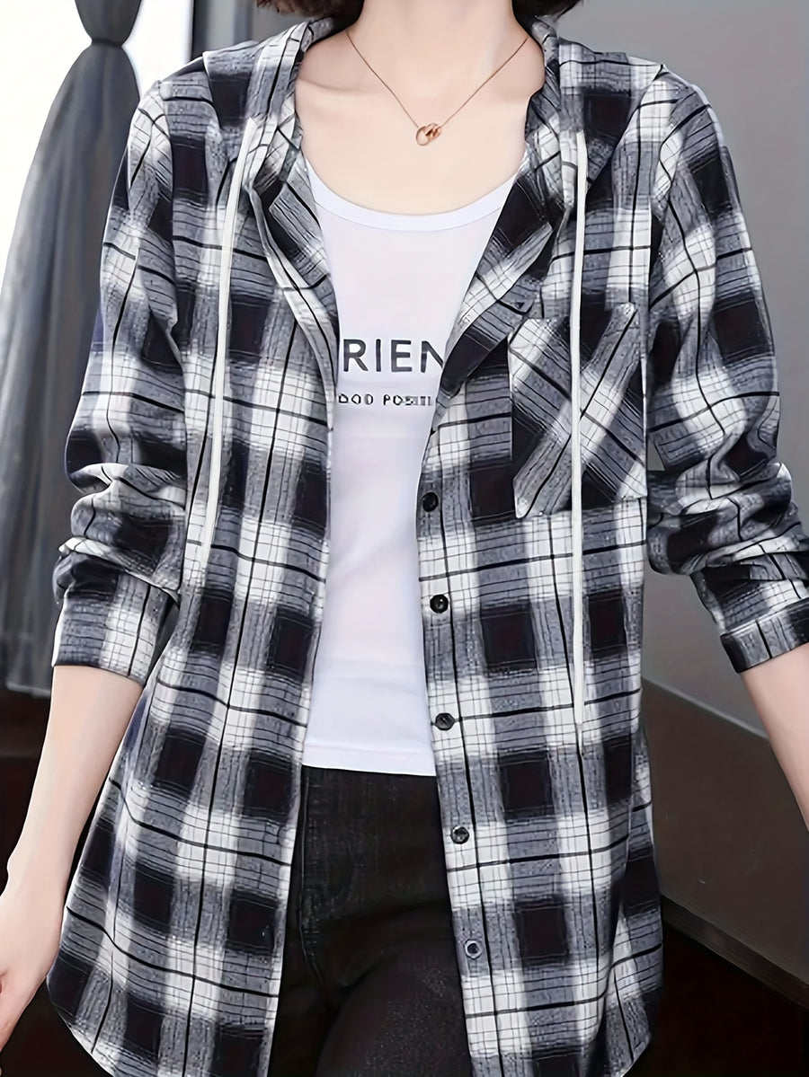Women's Single-Breasted Plaid Pattern Drawstring Hooded Shirt, Long Sleeve Top - Black And White