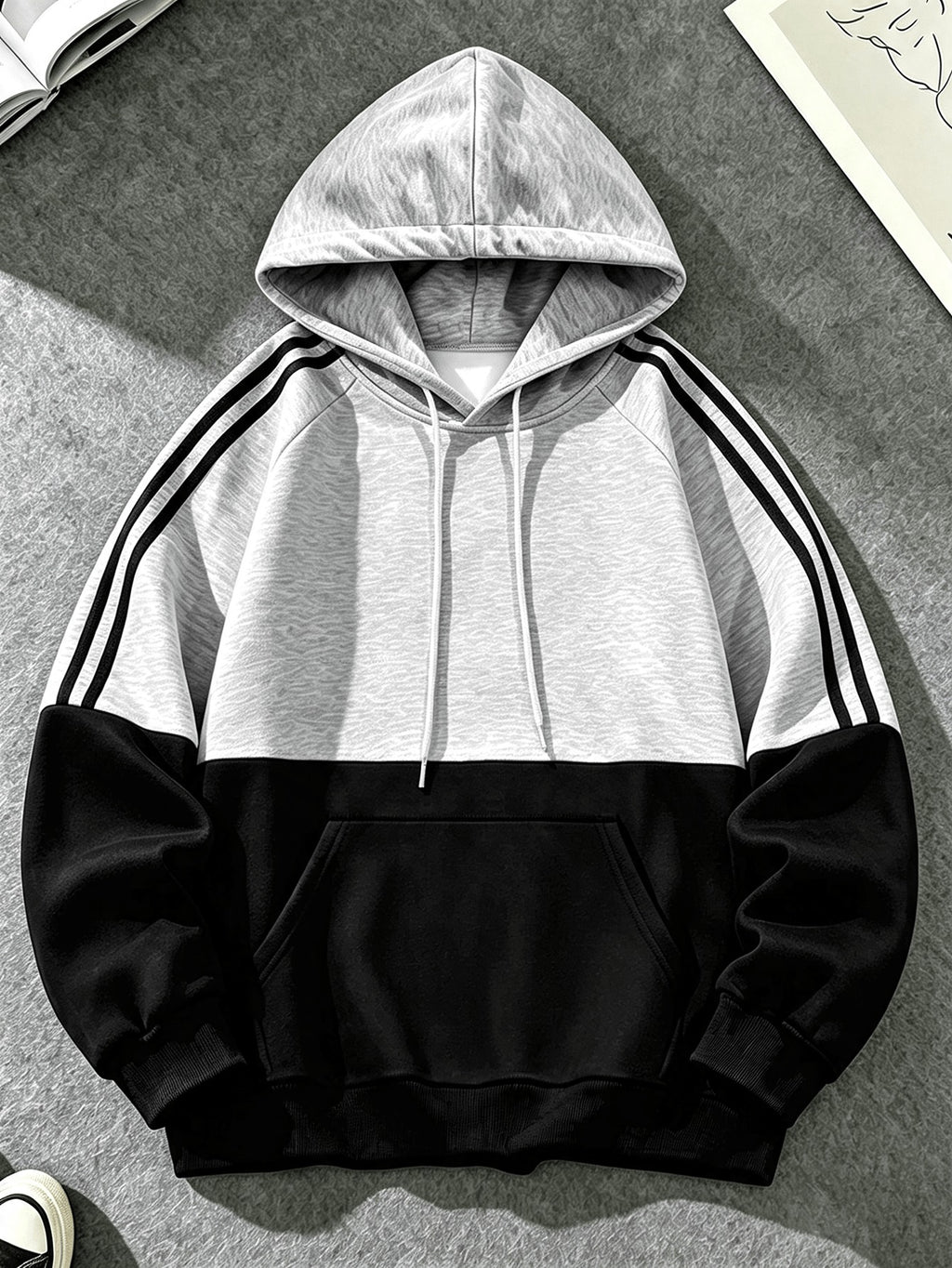 Men'S Color-Block Hooded Pullover Sweatshirt Suitable for Students, Campus, Class, Commute, Outings, Weekend Exploration, Short Camping, Outdoor Sports, Ideal Gift for Boyfriend, Brother, Classmate on Holidays And Birthdays, Home, Visiting Friends - Black And Grey