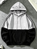 Men'S Color-Block Hooded Pullover Sweatshirt Suitable for Students, Campus, Class, Commute, Outings, Weekend Exploration, Short Camping, Outdoor Sports, Ideal Gift for Boyfriend, Brother, Classmate on Holidays And Birthdays, Home, Visiting Friends - Black And Grey