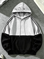 Men'S Color-Block Hooded Pullover Sweatshirt Suitable for Students, Campus, Class, Commute, Outings, Weekend Exploration, Short Camping, Outdoor Sports, Ideal Gift for Boyfriend, Brother, Classmate on Holidays And Birthdays, Home, Visiting Friends - Black And Grey