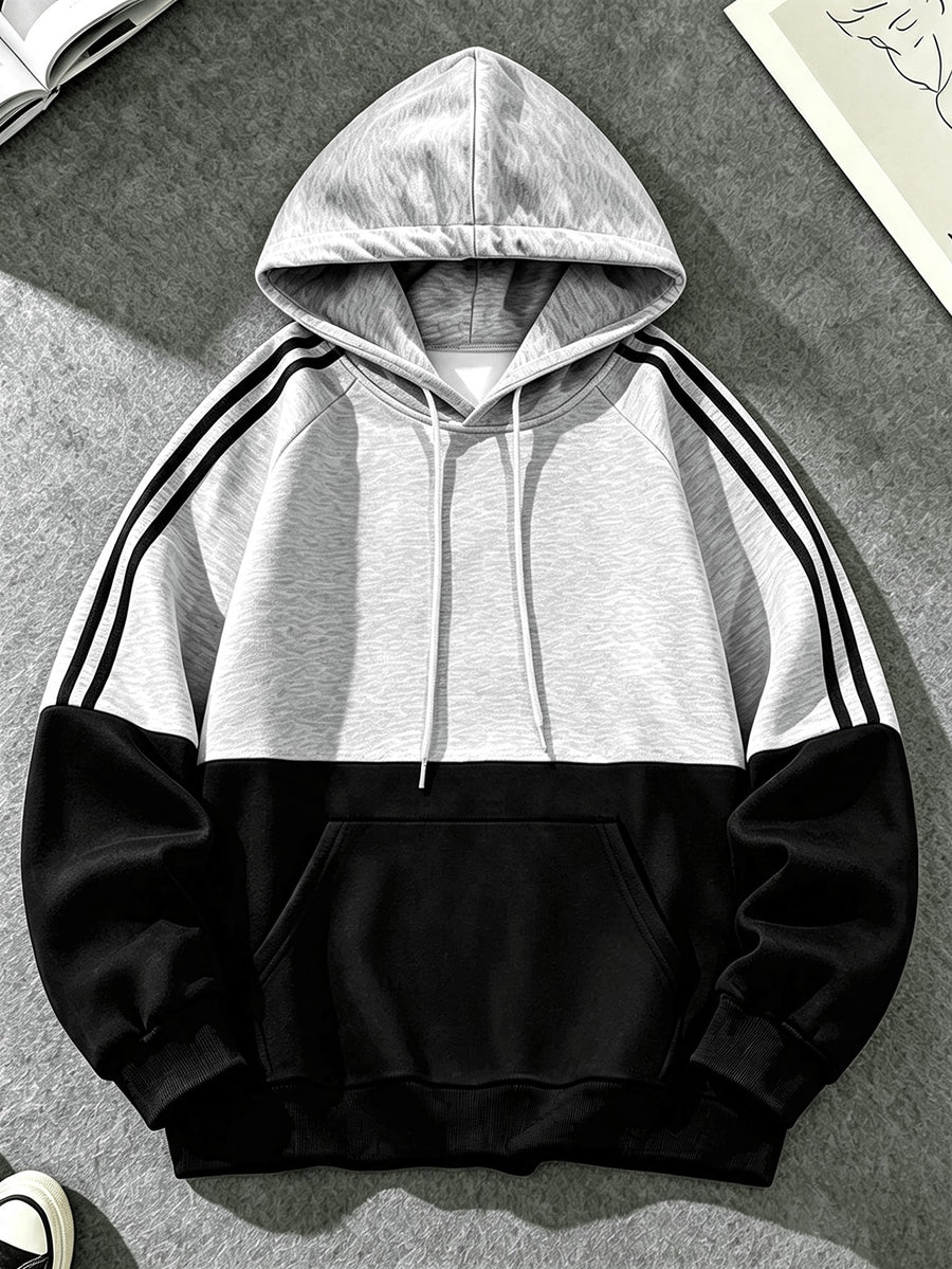 Men'S Color-Block Hooded Pullover Sweatshirt Suitable for Students, Campus, Class, Commute, Outings, Weekend Exploration, Short Camping, Outdoor Sports, Ideal Gift for Boyfriend, Brother, Classmate on Holidays And Birthdays, Home, Visiting Friends - Black And Grey