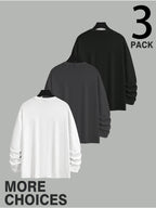 Men'S Long Sleeve T-Shirt - 3pcs Men'S Off-Shoulder Loose Round Neck Long Sleeves, City Name on Chest with Side Seam Vertical Inspirational Slogans And Dual Position Text Prints, Oversized Off-Shoulder Cut Accommodating Body Types - Mixed colors