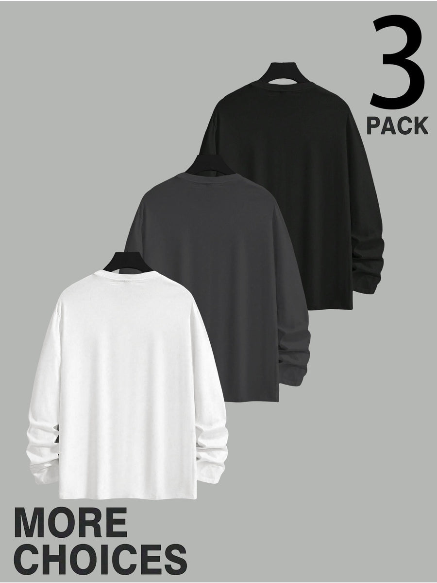 Men'S Long Sleeve T-Shirt - 3pcs Men'S Off-Shoulder Loose Round Neck Long Sleeves, City Name on Chest with Side Seam Vertical Inspirational Slogans And Dual Position Text Prints, Oversized Off-Shoulder Cut Accommodating Body Types - Mixed colors
