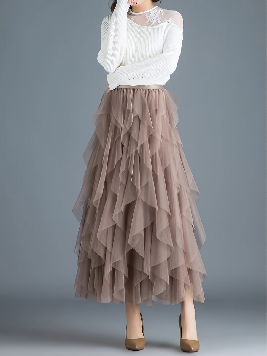 A Mid-Length Irregular Tulle Skirt That Flatters The Figure, Resembling a Cake Design - Khaki