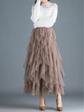 A Mid-Length Irregular Tulle Skirt That Flatters The Figure, Resembling a Cake Design - Khaki