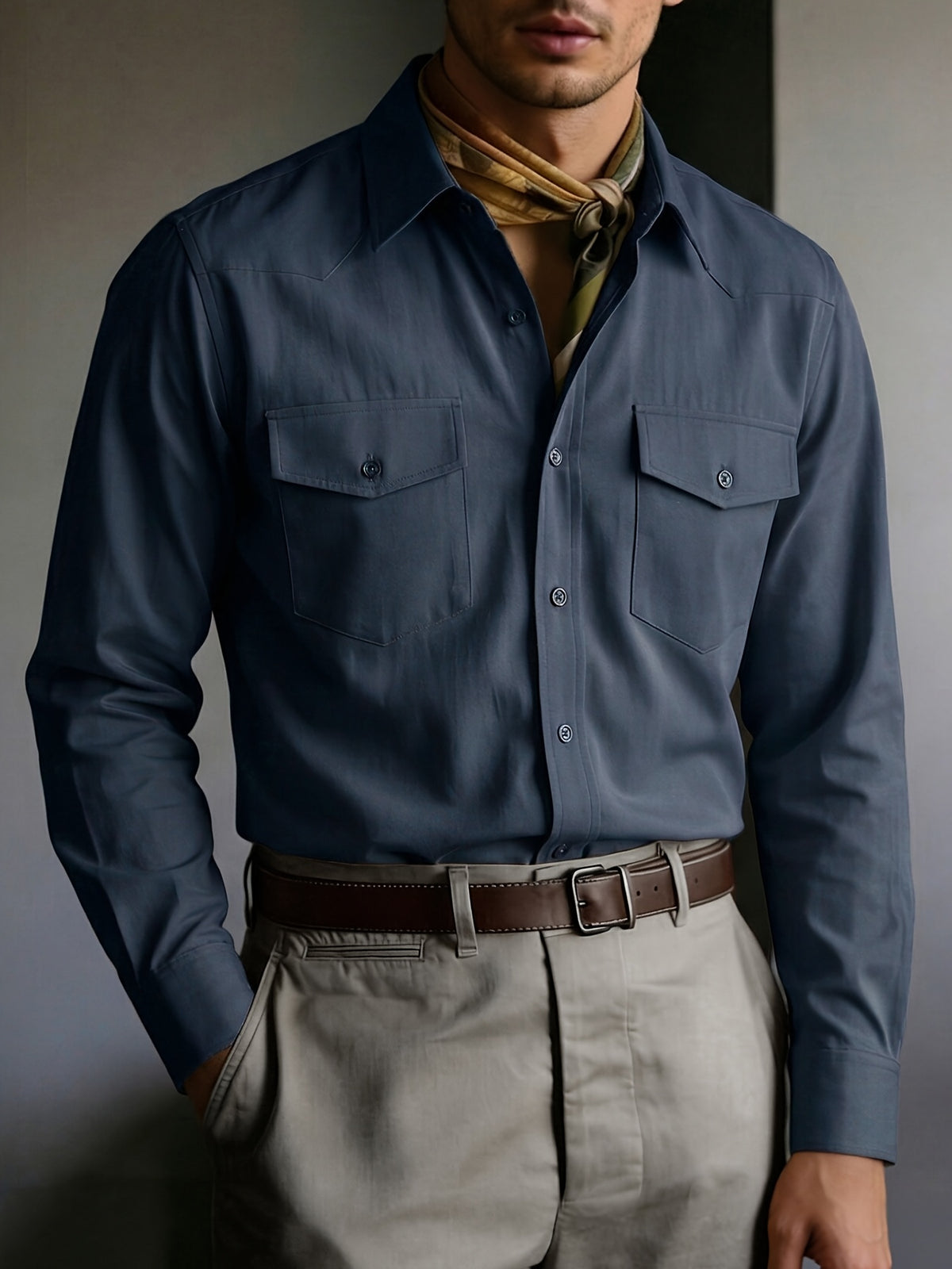 Men's Solid Color Button- Shirt with Double Pocket Collar - Machine Washable Long Sleeve Work Shirt Suitable for Business Casual, Commuting & Office Wear, Button-Front Collar Top for Spring/Autumn Layering (Adult Gift), father's day - Dark Blue