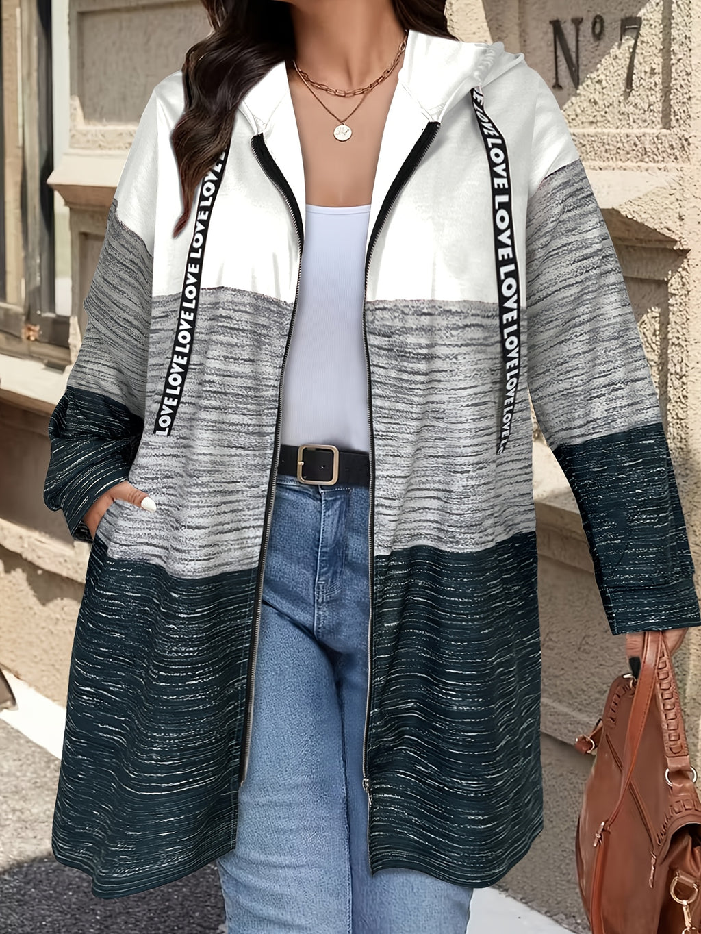 Plus Size, Cross-border Autumn/winter New Color-block Printed Letter Drawstring Hooded Long-sleeve Pocket Women's Plus-size Casual Jacket - White
