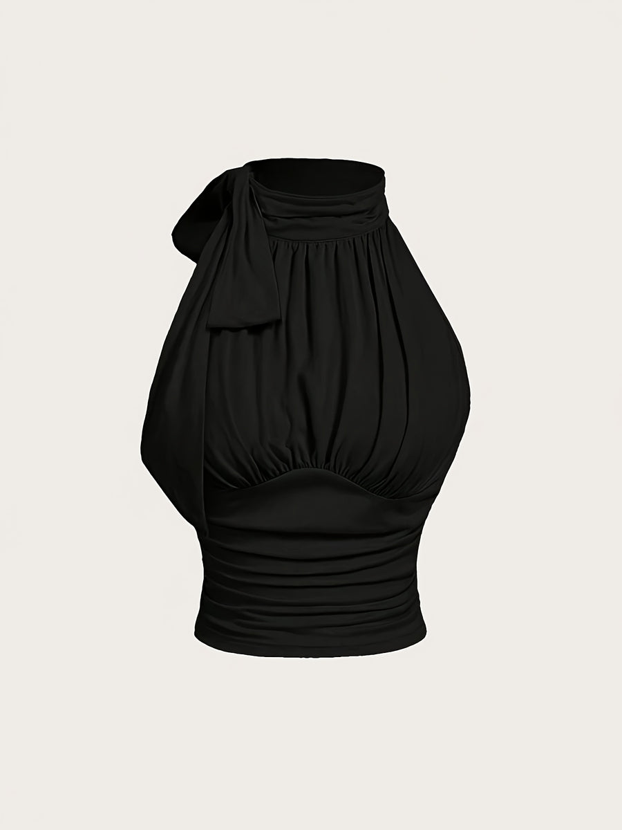 Chic Sleeveless Bodycon Top for Women - Sexy Stand Collar with Ruched Detail, Solid Color Black, Polyester Blend, Perfect for Office & Club Wear, Versatile Fashion | Sexy Sleeveless Top | Polyester Blend - Black
