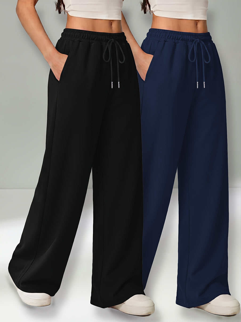 Autumn and Winter High-Waisted Casual Versatile Pants, Elastic Waist Loose Wide-Leg Pants 2pcs Set - Black+Blue