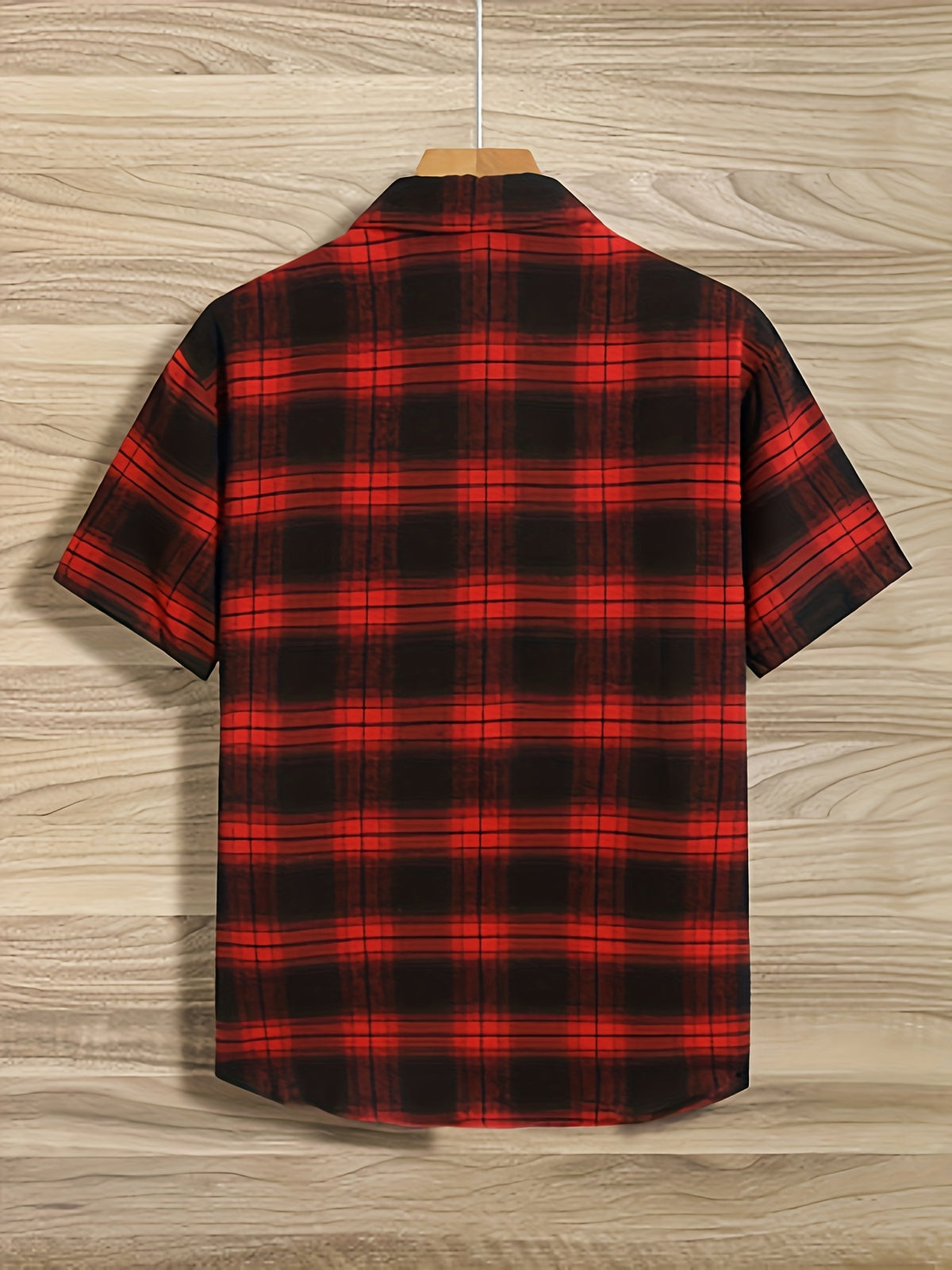Men's Casual Plaid Button-Up Shirt - Short Sleeve, Black & White Polyester Fabric, Classic Collar, Machine Washable, Perfect for Casual Attire, Versatile Layering Piece | Classic Plaid Shirt | Mandarin Collar Shirt - Red